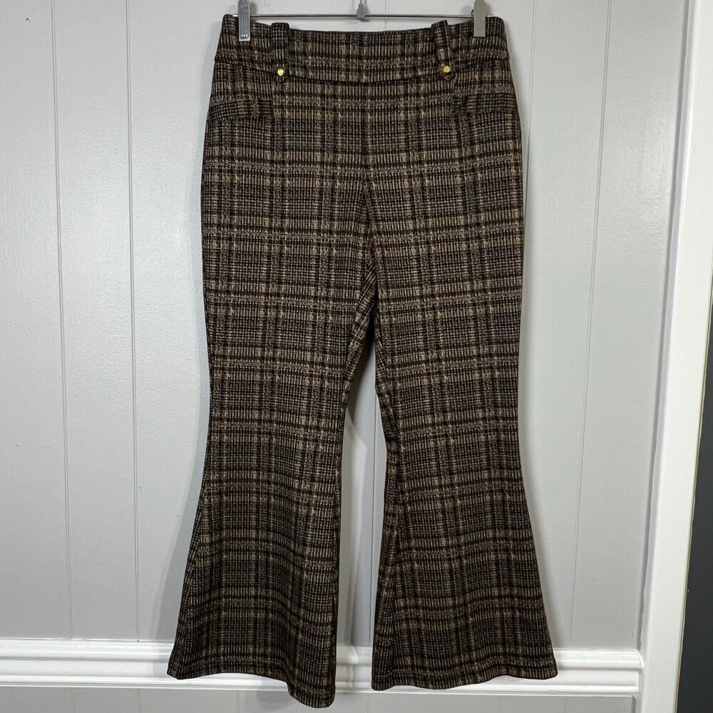 Cato Pants Women’s Medium Petite Tan Black Plaid Pull On Flare Stretch